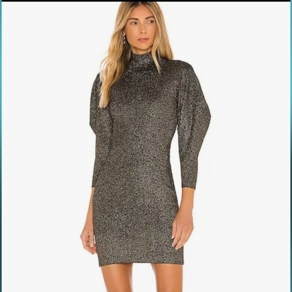 NWT A.L.C. Black Gold Samuel Puff Sleeve Mock Neck‎ Bodycon Mini Dress XS - Picture 1 of 8
